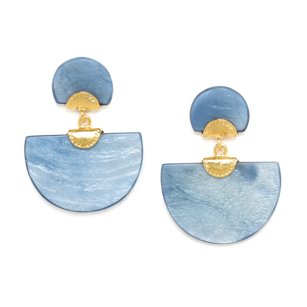 Image of dyed capiz blue post earrings with half circle dangle.