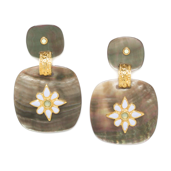 Image of large black lip drop earrings embellished with a white enamel flower on gold plated post finish.