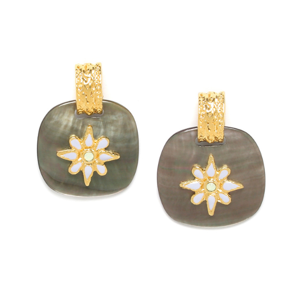 Image of gold post earrings with square black lip drop embellished with a white enamel flower on gold plated post finish.