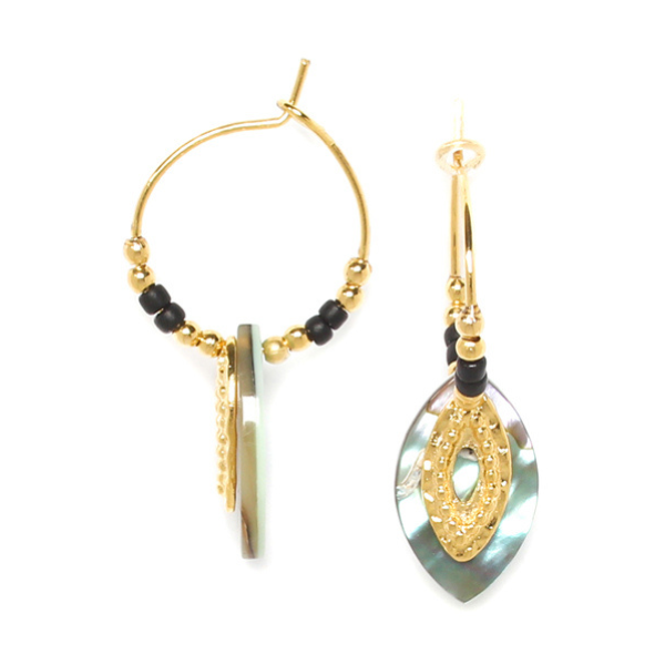 Image of gold plated post creole earrings with paua and gold leaf shape dangle.