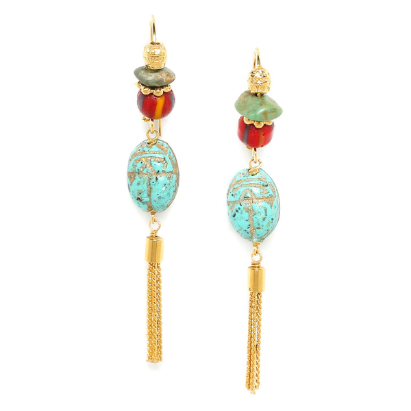 Image of ethnic style multi coloured dangle earrings embellished with beads and semi precious stones, with chain dangle.