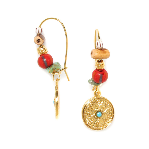 Image of ethnic style gold disc dangle earrings embellished in multicoloured beads and semi precious stones on hook.