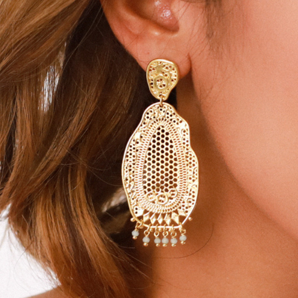 Image of model wearing large 18 carat gold plated earrings with lacey effect dangle with mini dangle beads.