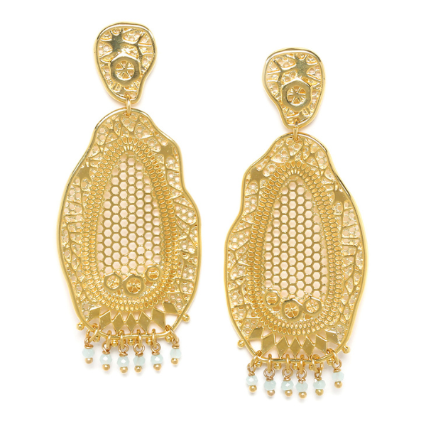Image of large 18 carat gold plated earrings with lacey effect dangle with mini dangle beads.