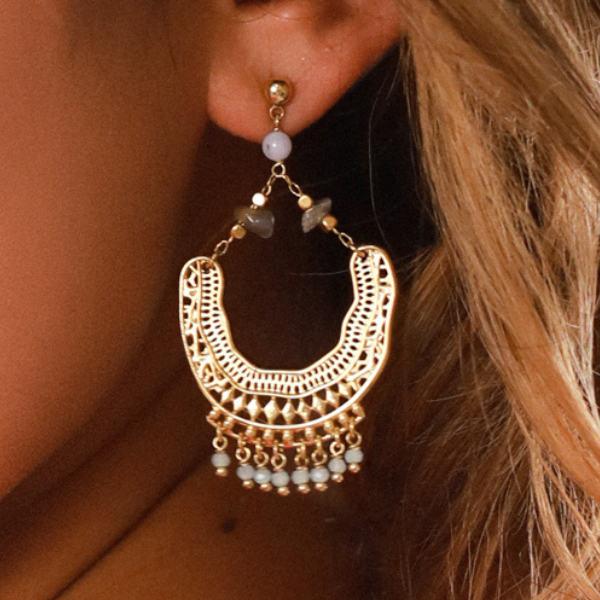 Image of model wearing small ball stud earring with statement dangles in gold with semi precious stones.