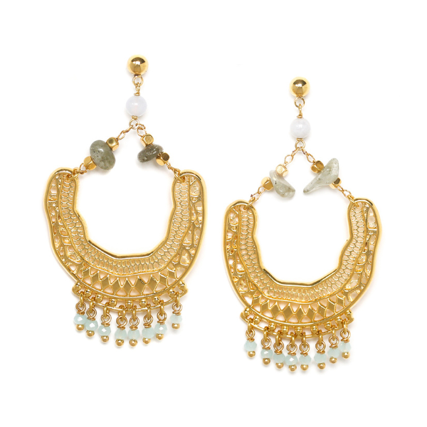 Image of small ball stud earring with statement dangles in gold with semi precious stones.