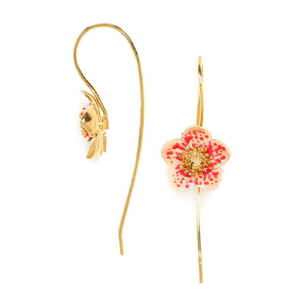 Image of dainty flower drop earrings in pink and white on long gold hook.