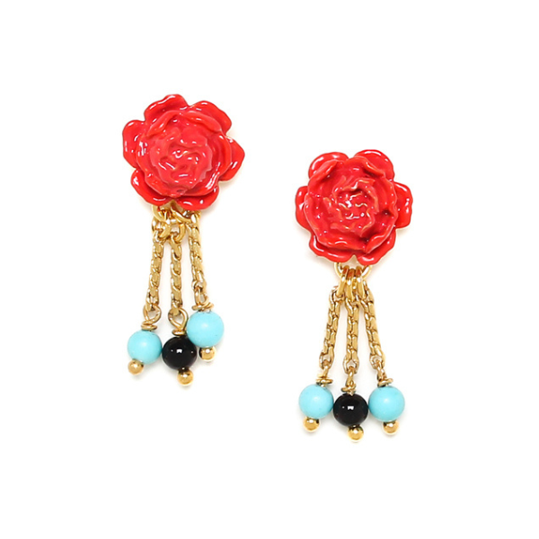 Image of pretty peony flower stud earrings with 3 gold chain dangles that have turquoise and black beads on the end.