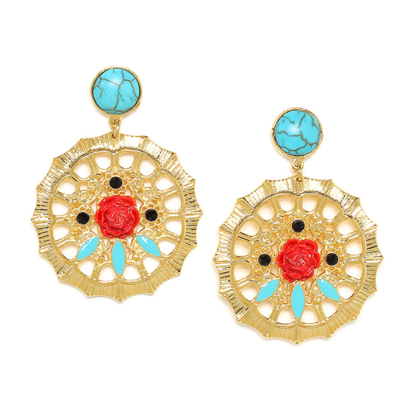 Image of gypsy style earrings on gold plated disc with peony flower and black and turquoise beads in the disc.
