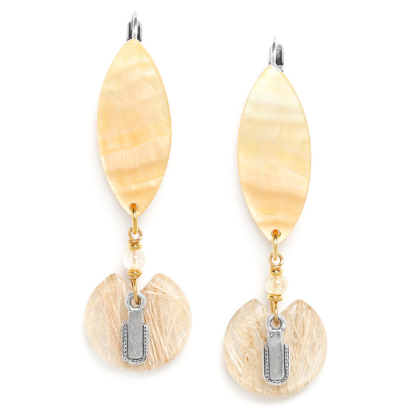 Image of golden mother of pearl surfboard shape earrings with circular woven dangle.