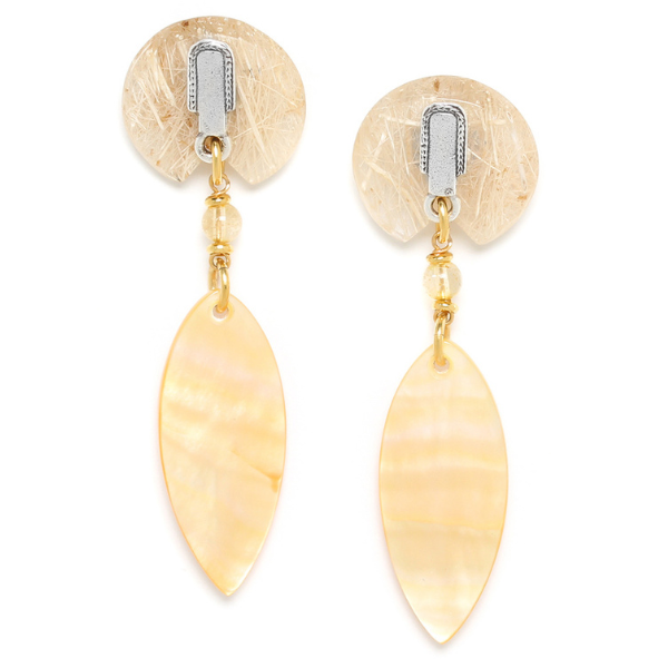 Image of circular woven earrings with golden mother of pearl surfboard shape dangle.