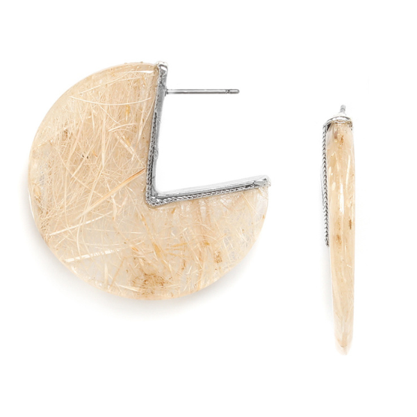 Image of creole earrings with woven centre covered in clear resin.