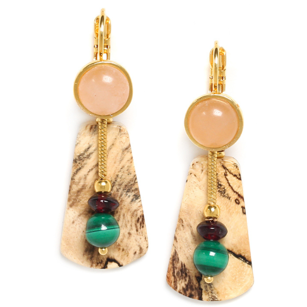 Image of round pink stone earrings with fan dangle with green and red beads.