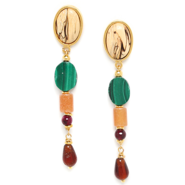Image oval top tamarind earrings with green, beige and red bead dangles.
