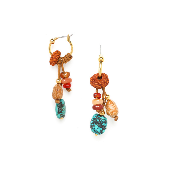 Image of hoop dangle earrings created from turquoise, seed pods and beads.