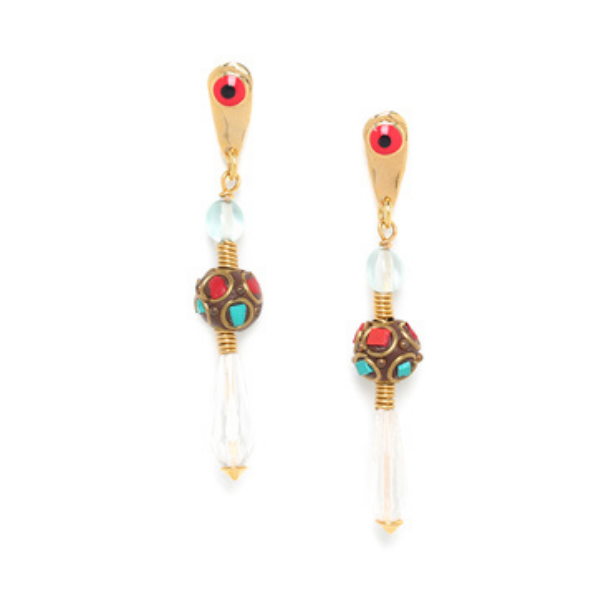Image of drop earrings with clear ball and teardrop beads with a red and turquoise encrusted metal ball centrepiece.