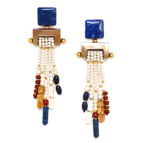Image of ethnic style earrings with blue, yellow, white and red tassel dangles.