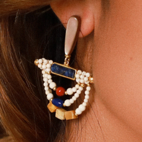 Image of 3 row white beaded dangle earrings brown lip oval drop.