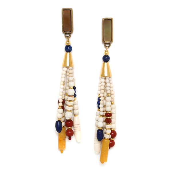 Image of ethnic style earrings with blue, white and red tassel dangles.