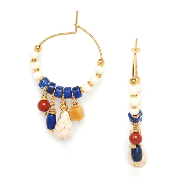 Image of ethnic style creole earrings embellished with white, blue beads and howlite dangle.