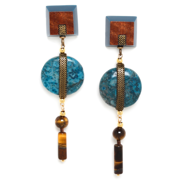 Image of square wood veneer earrings with long dangle of apatite stone and tiger eye.