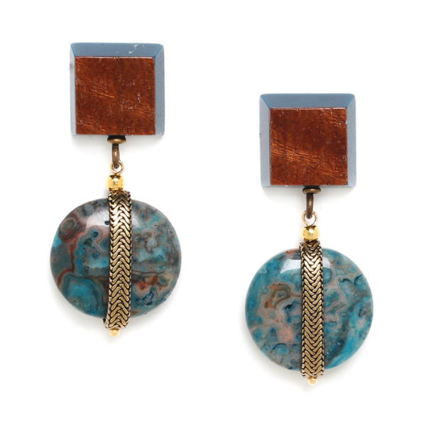 Image of wood veneer square earrings with round blue apatite dangle.
