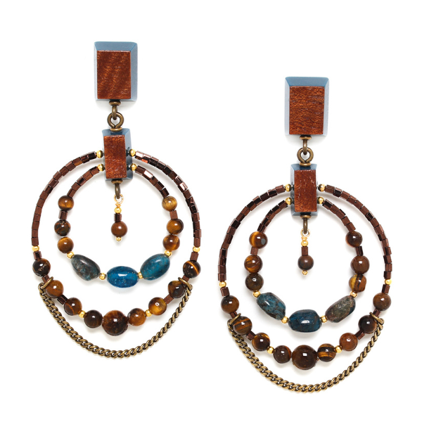 Image of gypsy style double hoop earrings embellished with tiger eye, larimar and apatite beads.