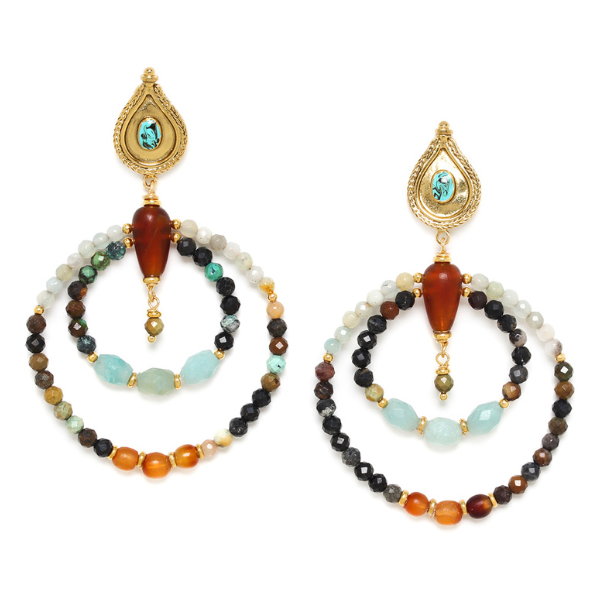 Image of gypsy style double hoop earrings embellished with brown, aqua and jade beads.