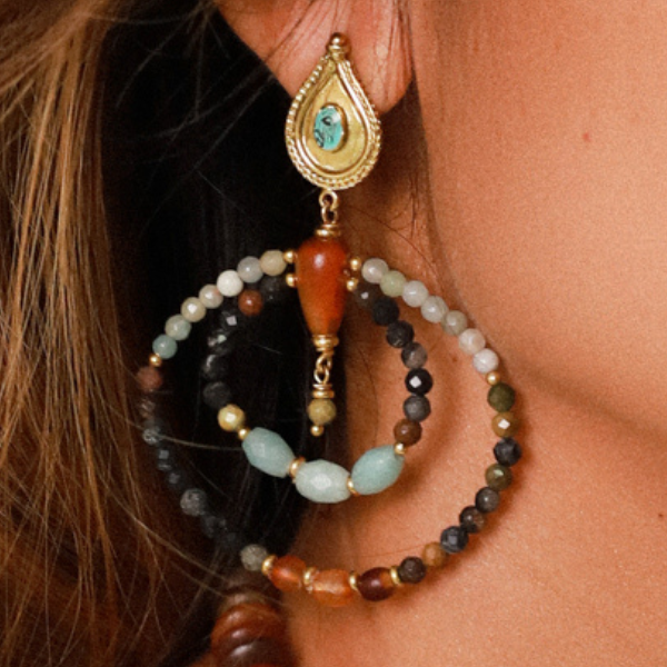 Image of model wearing gypsy style double hoop earrings embellished with brown, aqua and jade beads.
