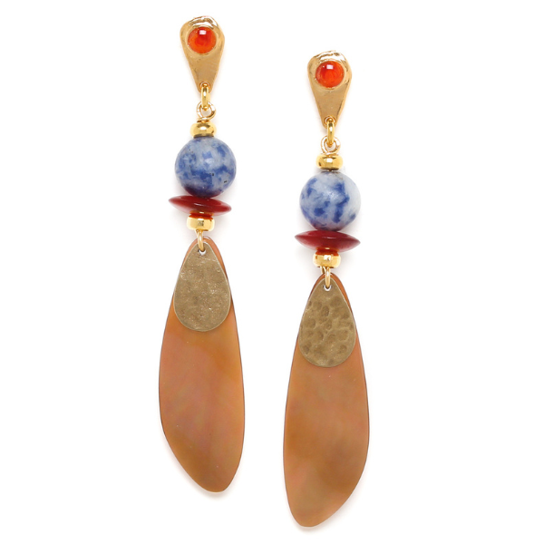 Image of long earrings with blue round stone and brown lip dangle.
