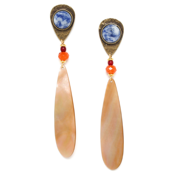 Image of sodalite post earrings with brown lip dangle.