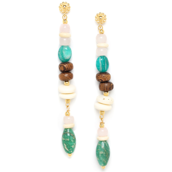 Image of long dangle earrings with pink and green stones.