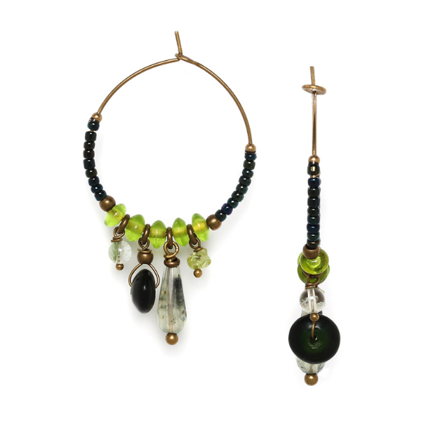 Image of creole earrings embellished with a range of green jasper and green quartz with dangle beads.