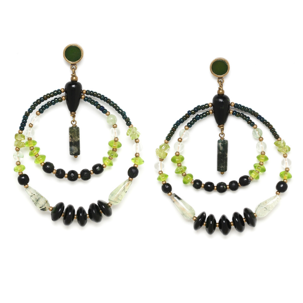 Image of gypsy style double hoop dangle earrings embellished with green peridot, green quartz and beads.