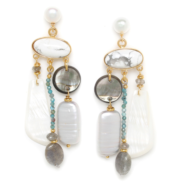 Image of multi dangle earrings with white, grey and gold.