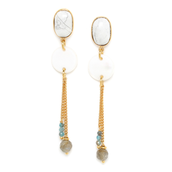 Image of white earrings with long double gold chain dangles and beads.