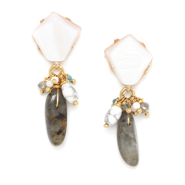 Image of white encrusted earrings with grape dangle of howlite, labradorite and agate.
