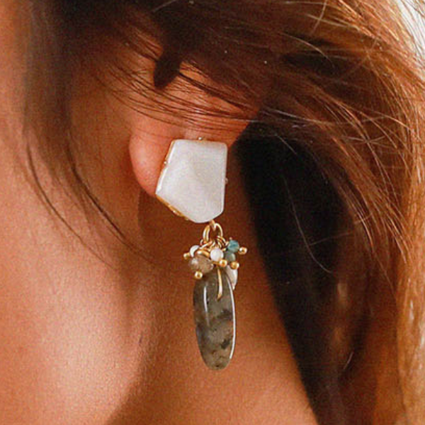 Image of white encrusted earrings with grape dangle of howlite, labradorite and agate.