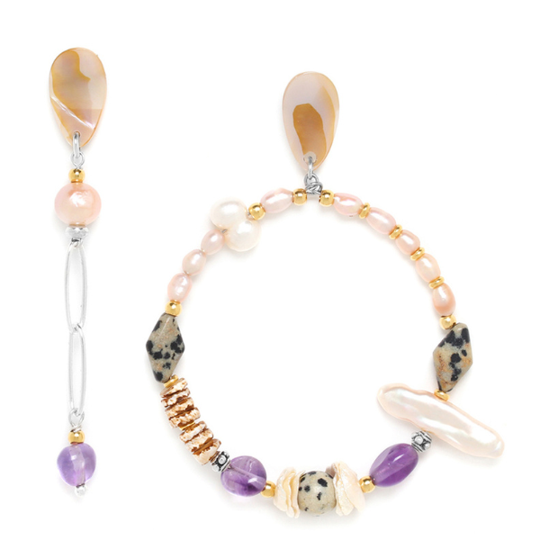 Image of big creole and post dangle earrings with pearl, dalmatian jasper, mother of pearl, amethyst, shell, pink quartz.