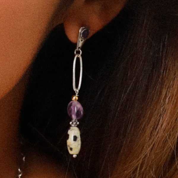 Image of long asymmetrical dangle earrings with pearl, dalmatian jasper, mother of pearl, amethyst, shell, pink quartz.