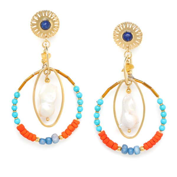 Image of round gold earring with blue stone centre and turquoise, orange and blue beads on a hoop dangle. Faux pearl centred dangle inside.