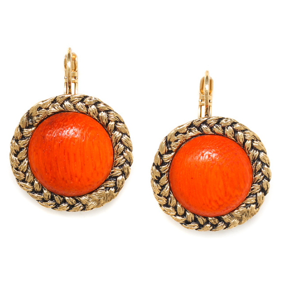 Image of round earrings with papaya inspired orange centre edged with a rusty gold metal.
