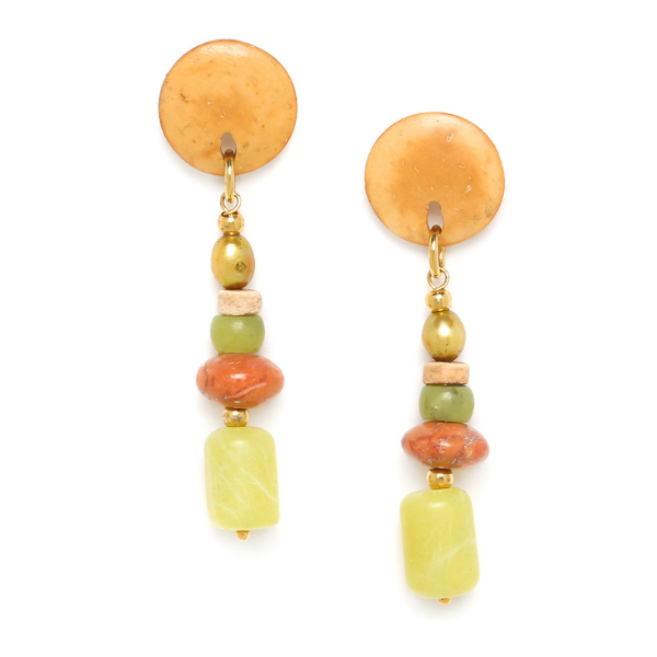 Image of round post earrings with semi precious stone dangles in green, beige and salmon.