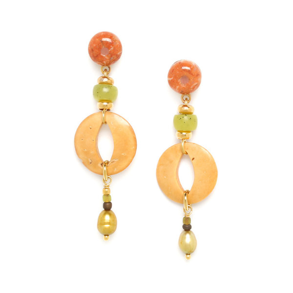 Image of semi precious stones dangle earrings in green, red, salmon and beige on gold plated finish.