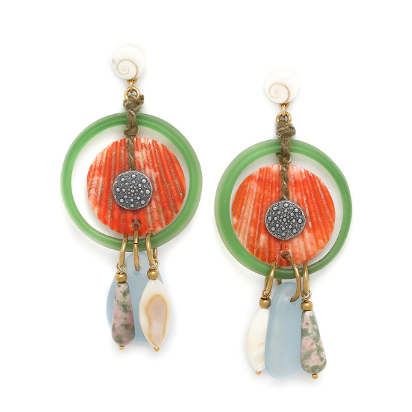 Image of stud earrings with green ring dangle that has an orange disc dangling inside and howlite drops hanging underneath.