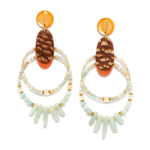Image of stud earrings with two layer hoop dangles embellished in white and amber beads and semi precious stones.