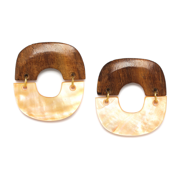 Image of big square earrings made from golden mother-of-pearl and jackfruit wood on gold stud finish.