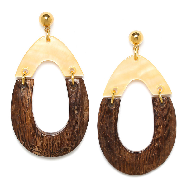 Image of big pear shaped earrings made from golden mother-of-pearl and robles on gold stud finish.