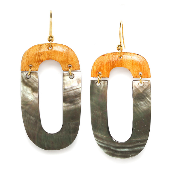 Image of statement dangle earrings made from black lip and jackfruit wood on gold hook finish.
