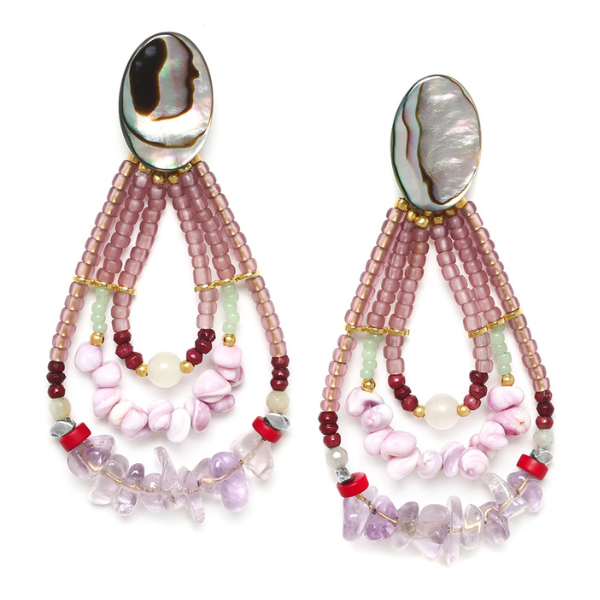 Image of 3 layer pear shaped drop earrings embellished in semi precious beads and stones in lilac tones with mint green and red featuring.